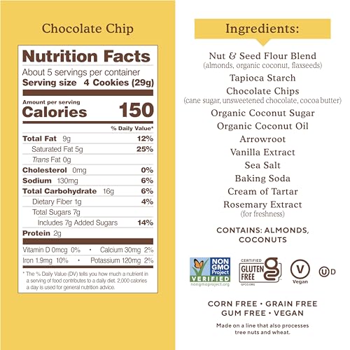 Simple Mills Almond Flour Crunchy Cookies, Chocolate Chip - Gluten Free, Vegan, Healthy Snacks, Made with Organic Coconut Oil, 5.5 Ounce (Pack of 1)