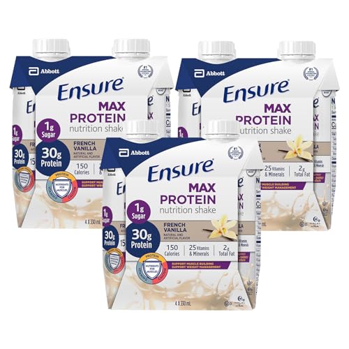 Ensure Max Protein Nutrition Shake with 30g of Protein, 1g of Sugar, High Protein Shake, Milk Chocolate, 11 Fl Oz (Pack of 12), Liquid, Halal