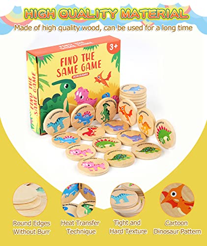 Wooden Match Memory Game for Kids, 24Pc Memory Matching Cards with 5Pc Tattoo Stickers, Educational Memory Matching Game for Pre-Kindergarten Early Learning Development Kids-Dinosaur