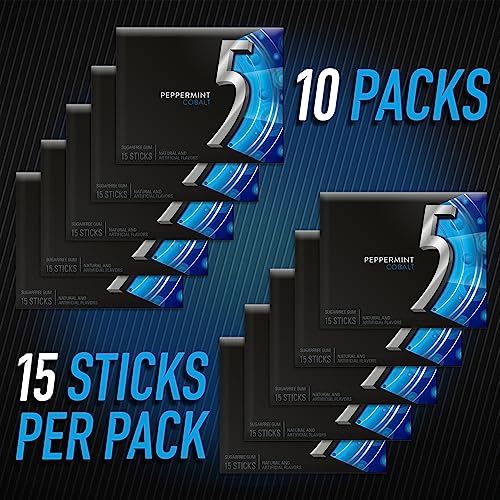 5 GUM Peppermint Cobalt Sugar Free Chewing Gum Bulk, 15 Sticks (Pack of 10)