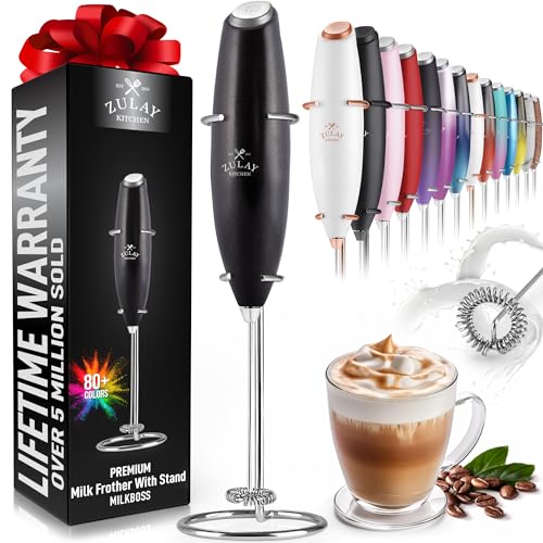 Zulay Powerful Milk Frother (4 Duracell Batteries Included) - Handheld Milk Frother Wand Drink Mixer for Coffee - Powerful Milk Foamer for Cappuccino, Frappe, Matcha & Coffee Creamer - Black