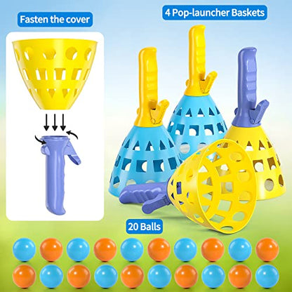 TEMI Pop Pass Catch Ball Game with 4 Catch Launcher Baskets and 20 Balls, Beach Toys Backyard Outdoor Indoor Game Age 3 4 5 6 7 8 9 10+ Years Old Boys Girls Kids Adults Family Christmas Easter Gifts