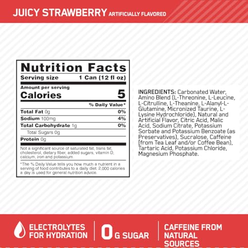 Optimum Nutrition Amino Energy Sparkling Hydration Drink, Electrolytes, Caffeine, Amino Acids, BCAAs, Sugar Free, Juicy Strawberry, 12 Fl Oz, 12 Pack (Packaging May Vary)