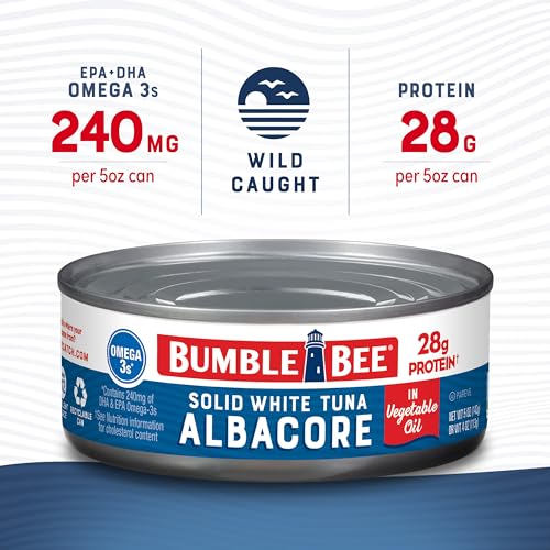 Bumble Bee Solid White Albacore Tuna in Water, 5 oz Can (Pack of 8) - Wild Caught Tuna - 29g Protein per Serving, High in Omega-3s - Non-GMO Project Verified, Gluten Free, Kosher