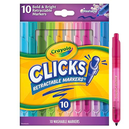 Crayola Clicks Retractable Tip Markers (10ct), Washable Art Marker Set, Coloring Markers for Kids, Back to School Supplies, 3+