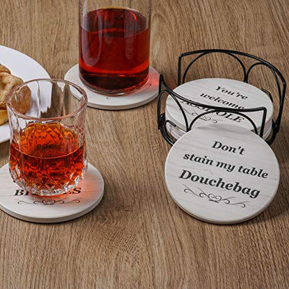 Coasters for Drinks, Funny Drink Coasters Absorbent with Holder 6 Pcs Absorbing Stone Funny Coaster Gift Set Housewarming Gift New Home Apartment Kitchen House Decor Gift for Women Men