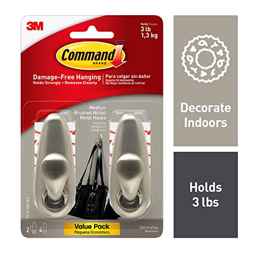 Command Forever Classic Large Metal Wall Hooks, Damage Free Hanging Wall Hooks with Adhesive Strips, No Tools Wall Hooks for Hanging Decorations in Living Spaces, 2 Metal Hooks and 4