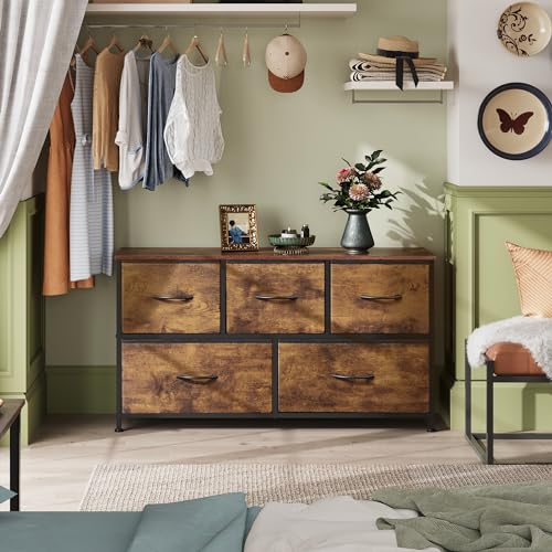 WLIVE Dresser for Bedroom with 5 Drawers, Wide Chest of Drawers, Fabric Dresser, Storage Organizer Unit with Fabric Bins for Closet, Living Room, Hallway, Rustic Brown Wood Grain Print