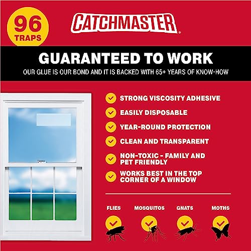 Window Fly Traps by Catchmaster - 12 Count, Ready to Use Indoors. Insect, Bugs, Fly & Fruit Fly Glue Adhesive Sticky Paper - Waterproof Easy Application Ready Disposable Non-Toxic