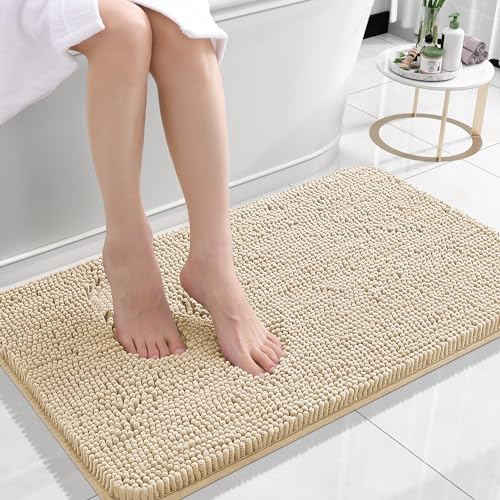 OLANLY Bathroom Rugs 24x16, Extra Soft Absorbent Chenille Bath Rugs, Non-Slip, Dry Quickly, Machine Washable, Bath Mats for Bathroom Floor, Tub and Shower, Beige