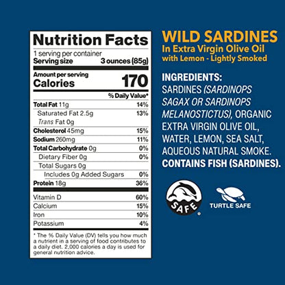 Wild Planet Wild Sardines in Extra Virgin Olive Oil, Lightly Smoked, Tinned Fish, Sustainably Wild-Caught, Non-GMO, Kosher, Gluten Free, 4.4. Ounce (Pack of 12)