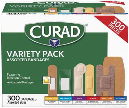 Curad Assorted Bandages Variety Pack 300 Pieces, Including Antibacterial, Heavy Duty, Fabric, and Waterproof Bandages