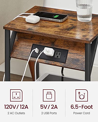 VASAGLE End Table with Charging Station, Set of 2, Small Side Tables for Living Room, Bedroom, Nightstand with Outlets and USB Ports, Bedside Table with Storage Shelf, Chestnut Brown and Black