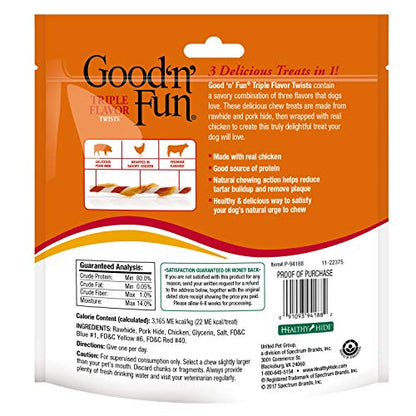 Good'n'Fun Triple Flavor Twists, Dog Chew Sticks, Premium Chicken and Beef Hide Treats for Dogs, 70 Count