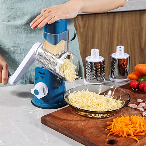 Geedel Rotary Cheese Grater, Kitchen Mandoline Vegetable Slicer with 3 Interchangeable Blades, Easy to Clean Grater for Fruit, Vegetables, Nuts