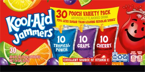 Kool-Aid Jammers Tropical Punch (Grape & Cherry Artificially Flavored Kids Soft Drink Variety Pack, 30 ct Box, 6 fl oz Pouches)