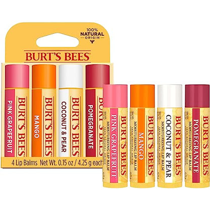 Burt's Bees Lip Balm - Pink Grapefruit, Mango, Coconut & Pear, and Pomegranate Pack, Lip Moisturizer With Beeswax, Tint-Free, Natural Origin Conditioning Lip Treatment, 4 Tubes, 0.15 oz.