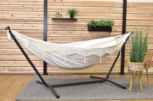 Vivere Double Hammock with Space Saving Steel Stand, Natural (450 lb Capacity - Premium Carry Bag Included)