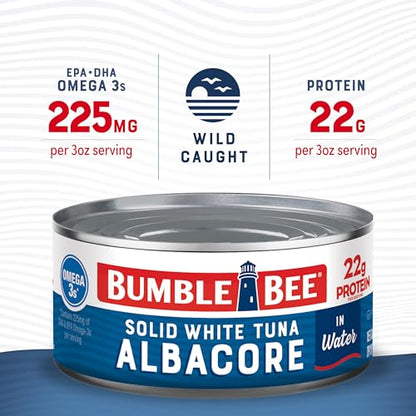 Bumble Bee Solid White Albacore Tuna in Water, 5 oz Can (Pack of 8) - Wild Caught Tuna - 29g Protein per Serving, High in Omega-3s - Non-GMO Project Verified, Gluten Free, Kosher