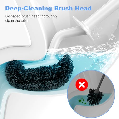 HAMITOR Toilet Bowl Brush Holder Set: Curved Design with Holder for Deep Cleaning Under Rim - Compact Hidden Scrubber for Small Space - Modern RV Bathroom Accessories - White