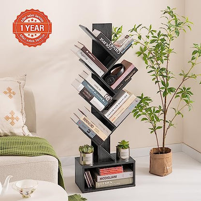 Yoobure Tree Bookshelf - 6 Shelf Retro Floor Standing Bookcase, Tall Wood Book Storage Rack for CDs/Movies/Books, Utility Book Organizer Shelves for Bedroom, Living Room, Home Office