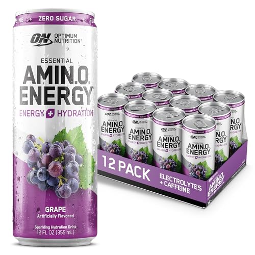 Optimum Nutrition Amino Energy Sparkling Hydration Drink, Electrolytes, Caffeine, Amino Acids, BCAAs, Sugar Free, Juicy Strawberry, 12 Fl Oz, 12 Pack (Packaging May Vary)