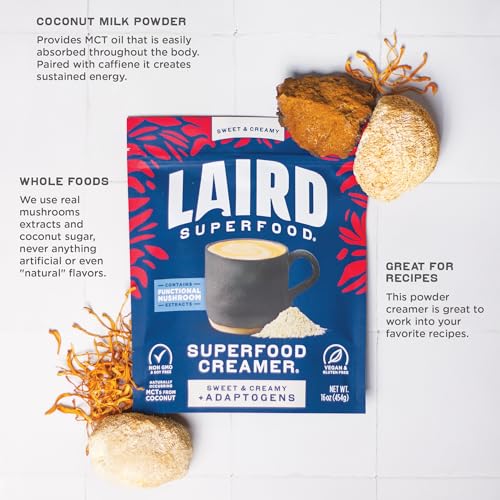 Laird Superfood Non-Dairy Superfood Creamer - Coconut Powder Coffee Creamer - Sweet & Creamy - Gluten Free, Non-GMO, Vegan - 16 oz. Bag, Pack of 1