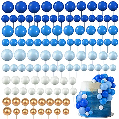 Tondiamo 108 Pcs Balls Cake Topper Balloons Cupcake Topper DIY Cake Insert Topper Foam Cake Balls Baking Decoration for Wedding Anniversary Birthday (Assorted Blue, White, Gold,Multi Sizes)