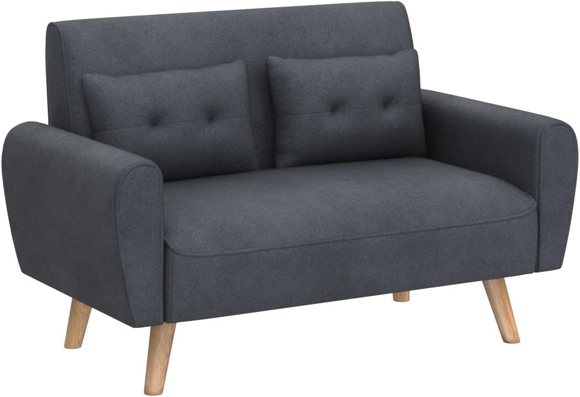 Vongrasig 47" Small Modern Loveseat Sofa, Mid Century Linen Fabric 2-Seat Couch Tufted Love Seat with Back Cushions and Tapered Wood Legs for Living Room, Bedroom and Small Space (Dark Gray)