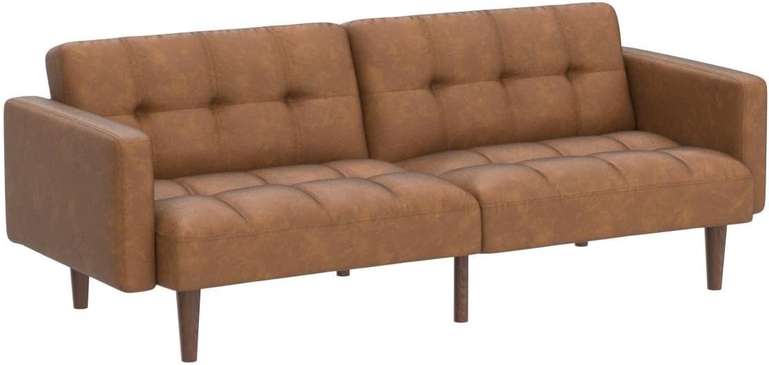 mopio Aaron Couch, Small Sofa, Futon, Sofa Bed, Sleeper Sofa, Loveseat, Mid Century Modern Futon Couch, Sofa Cama, Couches for Living Room, Bedroom (Pecan Brown, Faux Leather)