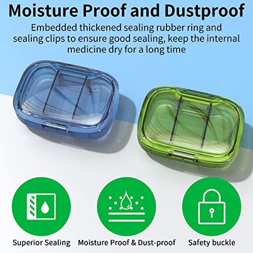 2 Pack 3 Compartment Small Pill Box, Moisture Proof Pill Case, Travel Pill Organizer for Pocket Purse, Daily Portable Medicine Vitamin Box, Fish Oil Box, Supplement Box