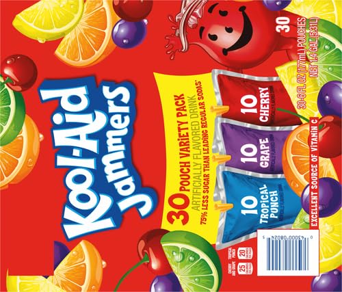 Kool-Aid Jammers Tropical Punch (Grape & Cherry Artificially Flavored Kids Soft Drink Variety Pack, 30 ct Box, 6 fl oz Pouches)