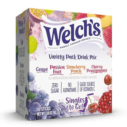 Welch's Singles To Go Variety Pack, Watertok Powdered Drink Mix, Includes 4 Flavors, Grape, Passion fruit, Strawberry Peach, Cherry Pomegranate, 1 Box (30 Servings)