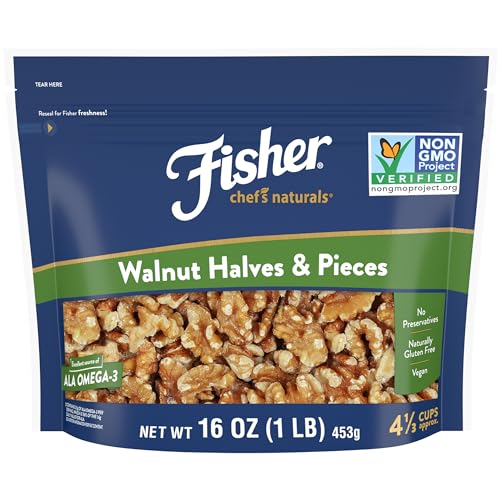 Fisher Chef's Naturals Walnut Halves & Pieces 1 lb, 100% California Unsalted Walnuts for Baking & Cooking, Snack Topping, Resealable Bag, Great with Yogurt & Cereal, Vegan Protein, Keto Snack