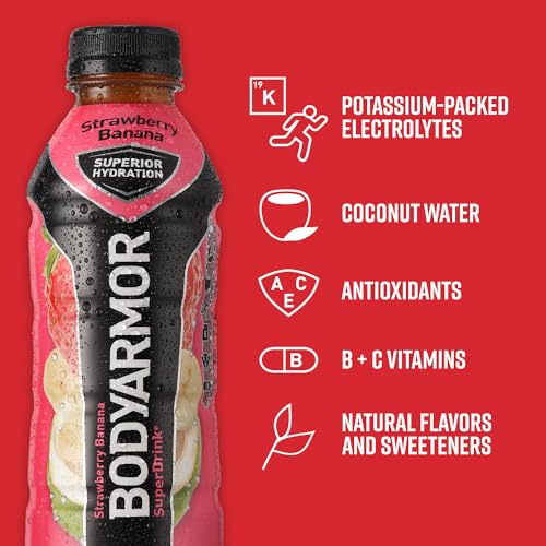 BODYARMOR Sports Drink Sports Beverage, Strawberry Banana, Coconut Water Hydration, Natural Flavors With Vitamins, Potassium-Packed Electrolytes, Perfect For Athletes, 12 Fl Oz (Pack of 8)