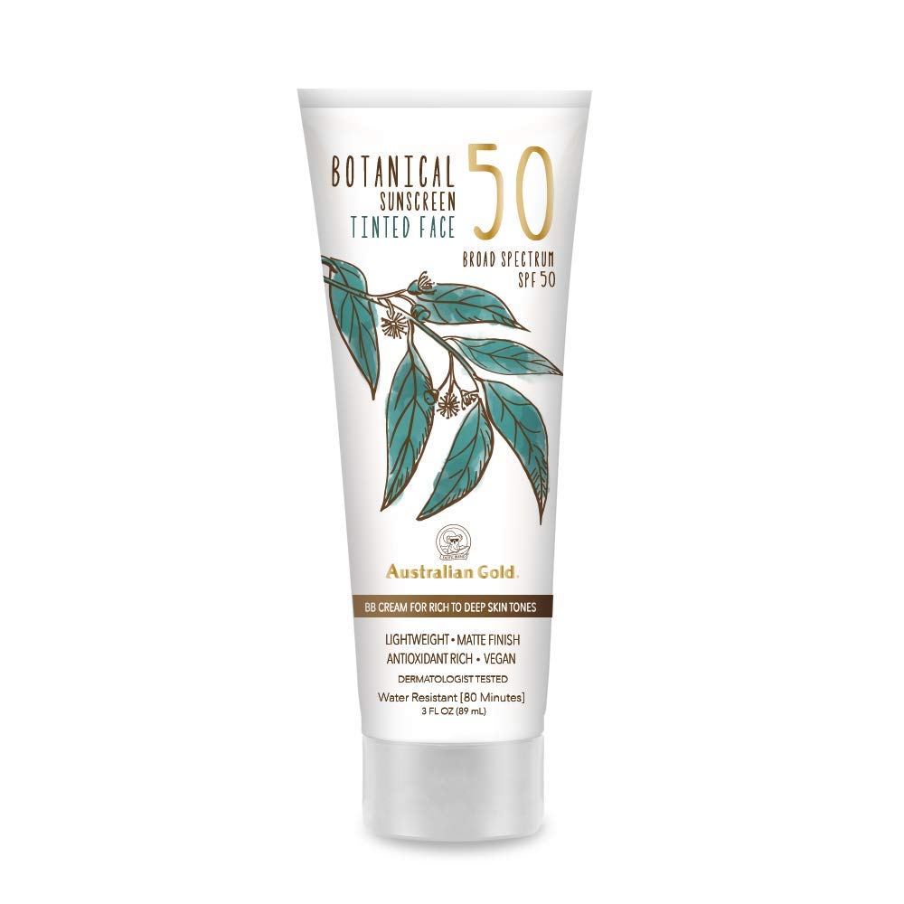 Australian Gold Botanical SPF 50 Tinted Face Sunscreen, Non-Chemical BB Cream, Water-Resistant, Matte Finish, Sensitive Skin, 3 FL Oz