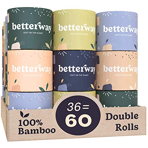 Betterway Bamboo Toilet Paper 3 Ply - Sustainable Toilet Tissue - 12 Double Rolls & 360 Sheets Per Roll - Septic Safe - Organic, Plastic Free - FSC Certified