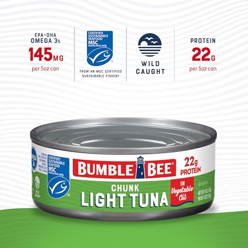 Bumble Bee Chunk Light Tuna In Water, 5 oz Cans (Pack of 24) - Wild Caught Skipjack Tuna - 23g Protein Per Serving - MSC Certified Sustainable Seafood, Non-GMO, Gluten Free, Kosher