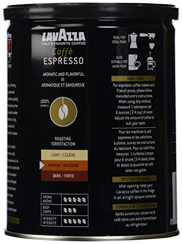 Lavazza Espresso Ground Coffee Blend, Medium Roast, 8-Oz Cans, Pack of 4 (Packaging May Vary) Premium Blend, Value Pack, Non-GMO, 100% Arabica, Rich-bodied