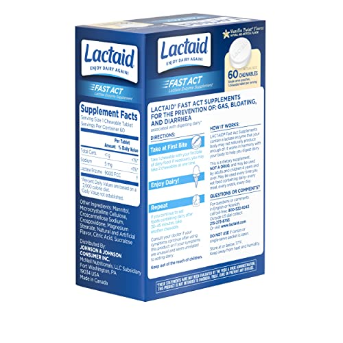 Lactaid Fast Act Lactose Intolerance Chewables with Enzymes, Vanilla Twist, 32 Count