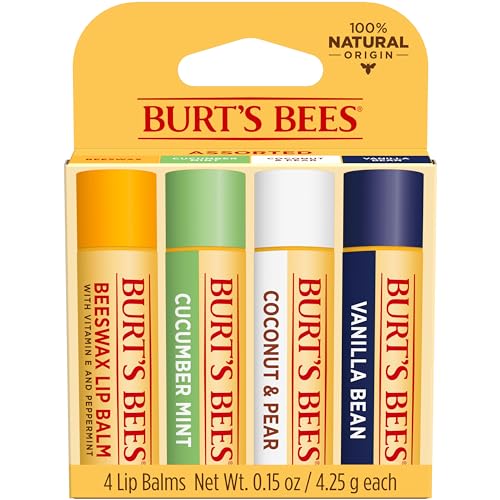 Burt's Bees Lip Balm - Pink Grapefruit, Mango, Coconut & Pear, and Pomegranate Pack, Lip Moisturizer With Beeswax, Tint-Free, Natural Origin Conditioning Lip Treatment, 4 Tubes, 0.15 oz.