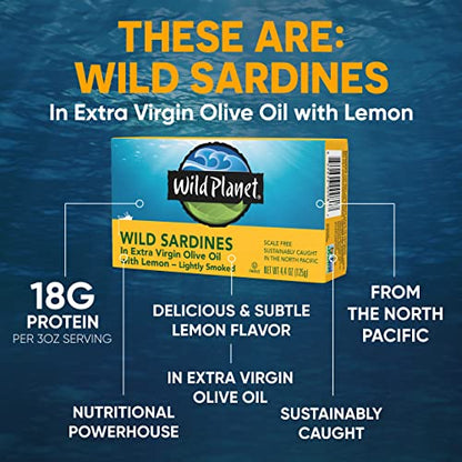 Wild Planet Wild Sardines in Extra Virgin Olive Oil, Lightly Smoked, Tinned Fish, Sustainably Wild-Caught, Non-GMO, Kosher, Gluten Free, 4.4. Ounce (Pack of 12)