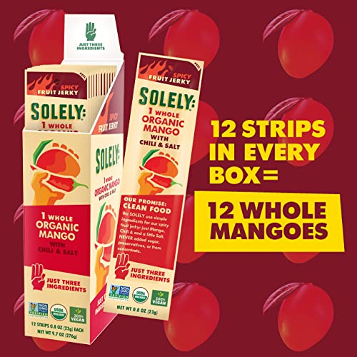 Solely - Organic Mango Fruit Jerky - 12 Individually Wrapped Fruit Strips - Fruit Leather Made from Dried Fruit - Healthy Snacks, Vegan - 0.8oz (23g)