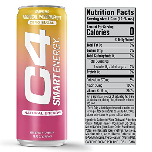 C4 Smart Energy Drink – Boost Focus and Energy with Zero Sugar, Natural Energy, and Nootropics - 200mg Caffeine - Cherry Berry Lime (12oz Pack of 12)