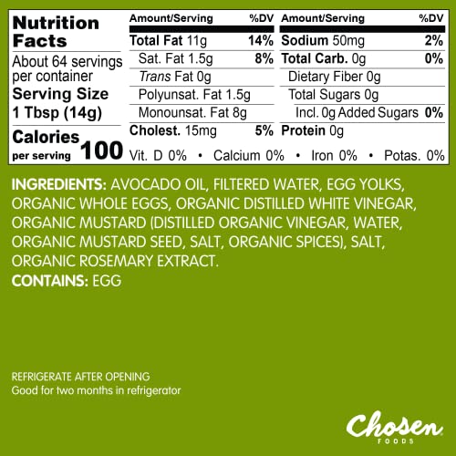 Chosen Foods 100% Avocado Oil-Based Classic Mayonnaise, Gluten & Dairy Free, Low-Carb, Keto & Paleo Diet Friendly, Mayo for Sandwiches, Dressings and Sauces, Made with Cage Free Eggs (32 Fl Oz)