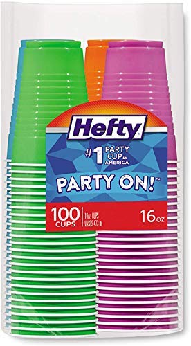 Hefty Party On Disposable Plastic Cups, Assorted, 16 Ounce, 100 Count