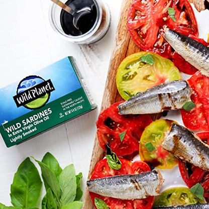 Wild Planet Wild Sardines in Extra Virgin Olive Oil, Lightly Smoked, Tinned Fish, Sustainably Wild-Caught, Non-GMO, Kosher, Gluten Free, 4.4. Ounce (Pack of 12)