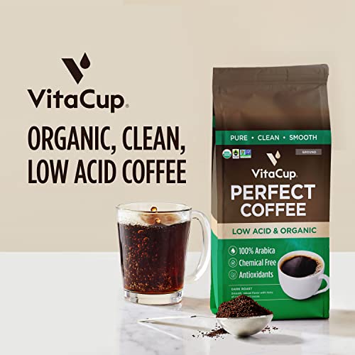 VitaCup Perfect Low Acid Coffee Ground, USDA Organic & Fair Trade, Mycotoxin Free, Dark Roast Guatemala Single Origin, Clean & Pure for Drip Coffee Brewers and French Press, 11 ounces