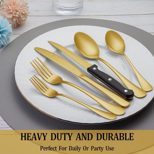 24 Pcs Silverware Set with Steak Knives Service for 4,Stainless Steel Flatware Set,Mirror Polished Cutlery Utensil Set,Home Kitchen Eating Tableware Set,Include Fork Knife Spoon Set,Dishwasher Safe