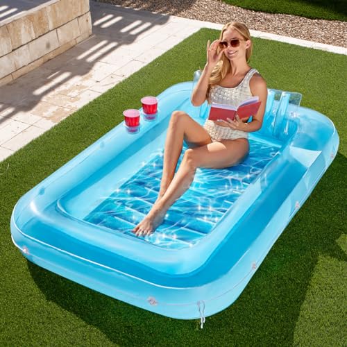 Sloosh Inflatable Tanning Pool Lounge Float, 70" x 46" Suntan Tub Raft Floatie, Tanning Pool with Pillow, Personal Pool Lounger for Adult Summer Water Party, L-Blue